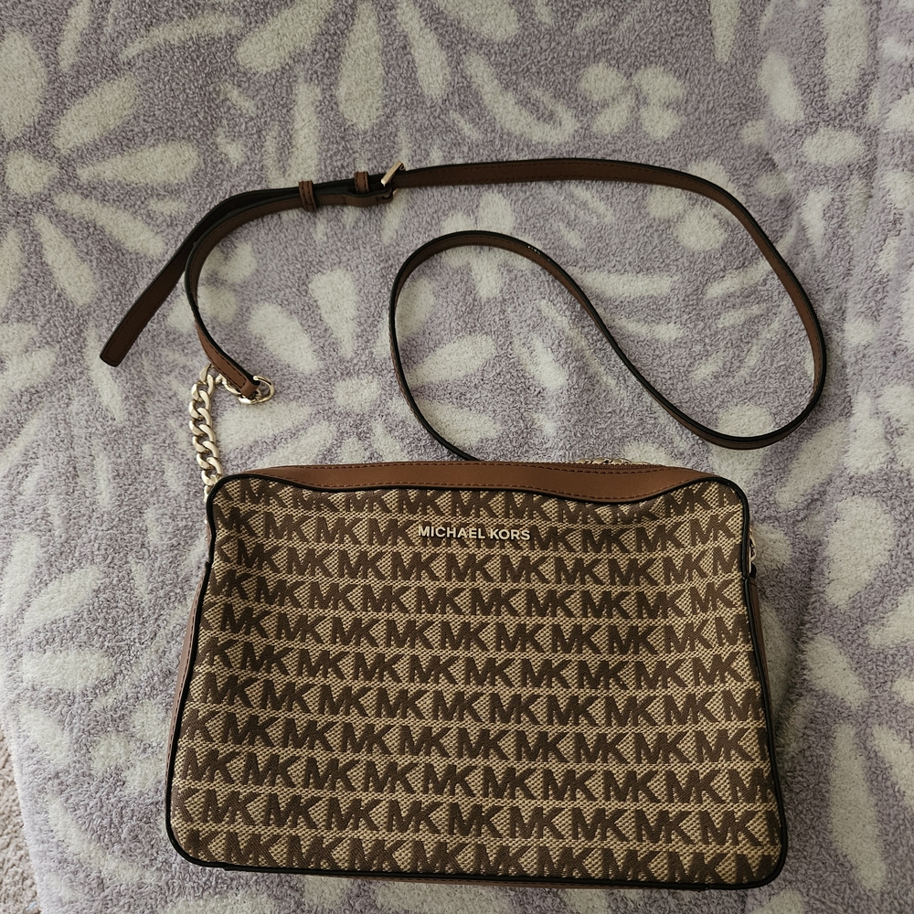 Michael Kors Tan and Brown Logo Crossbody Bag
